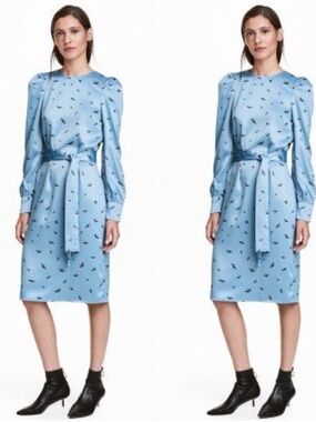 H&M Women's Light Blue Birds Printed Midi Dress with Self-Tie Belt